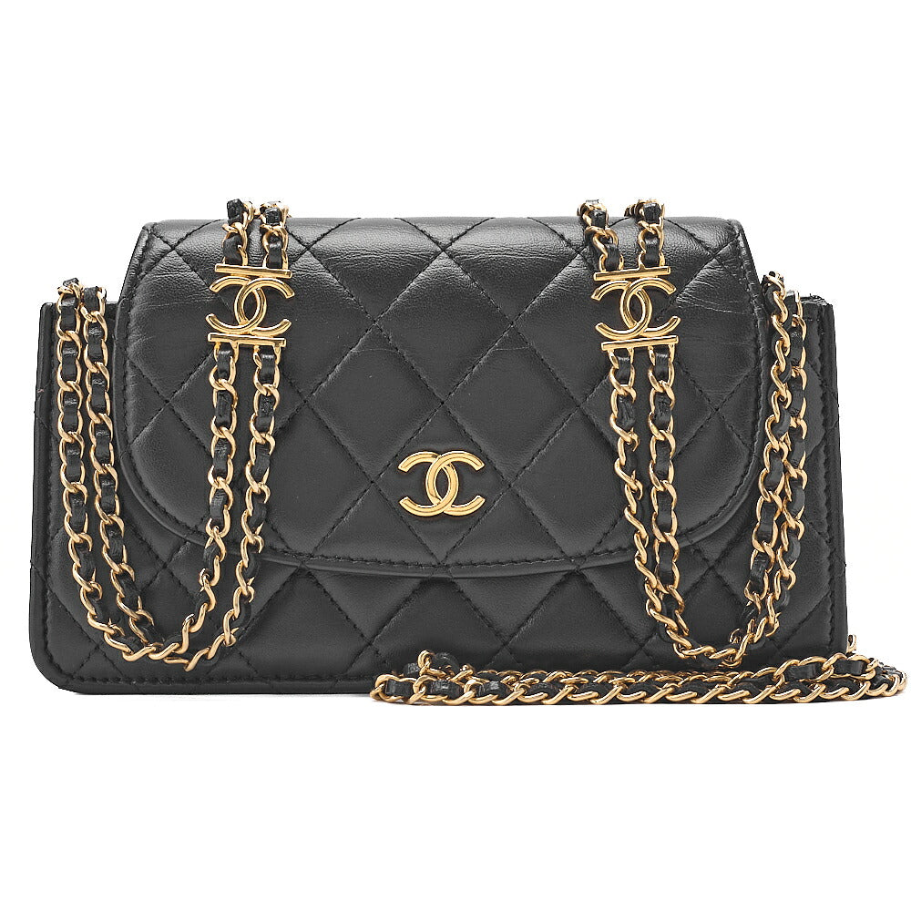 CHANEL Lambskin Matelasse Round Flap Chain Shoulder Black Gold-Tone Hardware, Pre-Owned