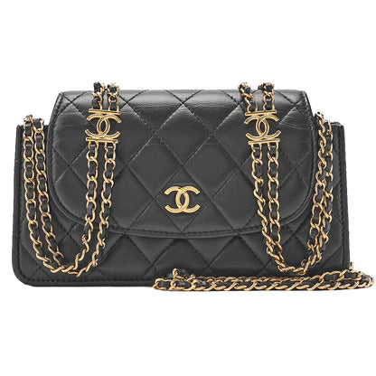 CHANEL Lambskin Matelasse Round Flap Chain Shoulder Black Gold-Tone Hardware, Pre-Owned
