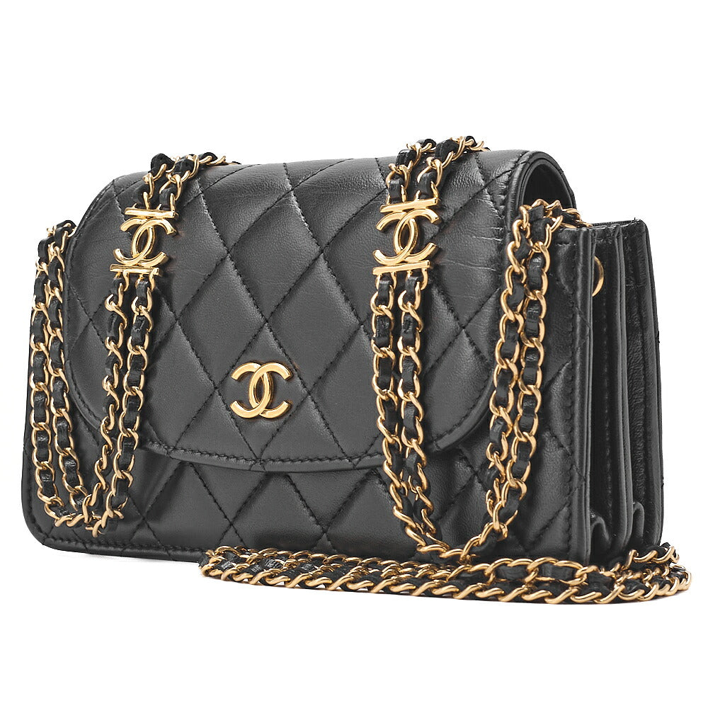CHANEL Lambskin Matelasse Round Flap Chain Shoulder Black Gold-Tone Hardware, Pre-Owned