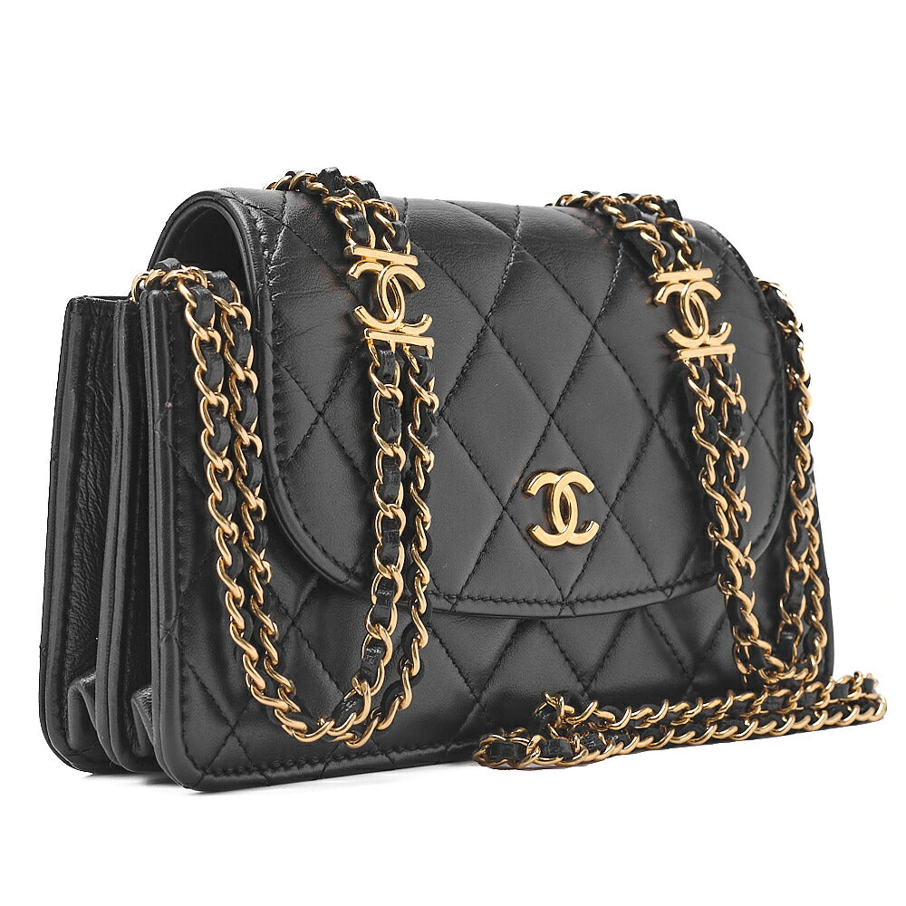 CHANEL Lambskin Matelasse Round Flap Chain Shoulder Black Gold-Tone Hardware, Pre-Owned