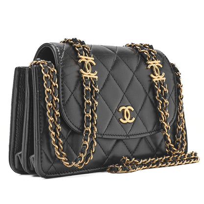 CHANEL Lambskin Matelasse Round Flap Chain Shoulder Black Gold-Tone Hardware, Pre-Owned