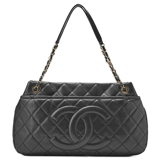CHANEL Caviar Skin Deka Coco Mark Chain Shoulder Black Gold-Tone Hardware, Pre-Owned