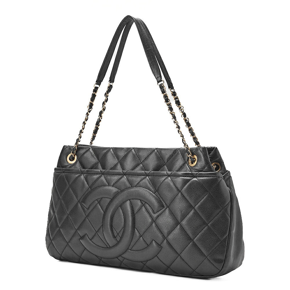 CHANEL Caviar Skin Deka Coco Mark Chain Shoulder Black Gold-Tone Hardware, Pre-Owned