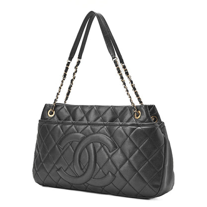 CHANEL Caviar Skin Deka Coco Mark Chain Shoulder Black Gold-Tone Hardware, Pre-Owned