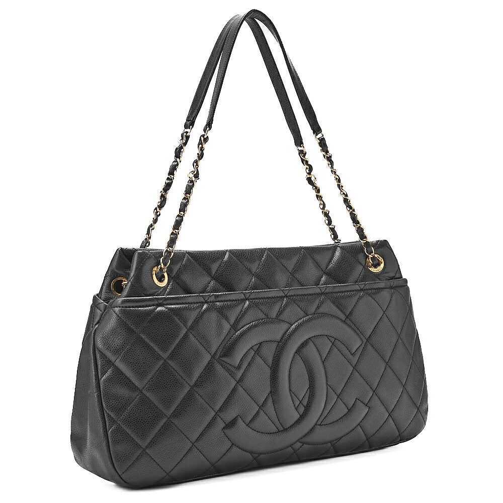 CHANEL Caviar Skin Deka Coco Mark Chain Shoulder Black Gold-Tone Hardware, Pre-Owned