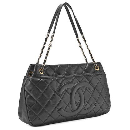 CHANEL Caviar Skin Deka Coco Mark Chain Shoulder Black Gold-Tone Hardware, Pre-Owned