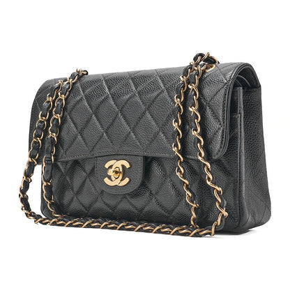 CHANEL Matelasse Double Flap 23cm Chain Shoulder Caviar Skin Black Gold-Tone Hardware, Pre-Owned
