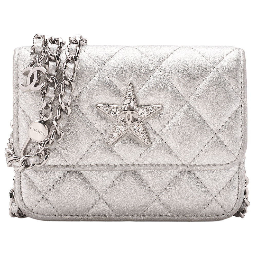 CHANEL Lambskin Minima Lesser Rhinestone Star x Coco Mark Chain Shoulder Pouch Silver-Tone Hardware, Pre-Owned