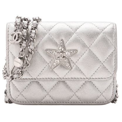 CHANEL Lambskin Minima Lesser Rhinestone Star x Coco Mark Chain Shoulder Pouch Silver-Tone Hardware, Pre-Owned