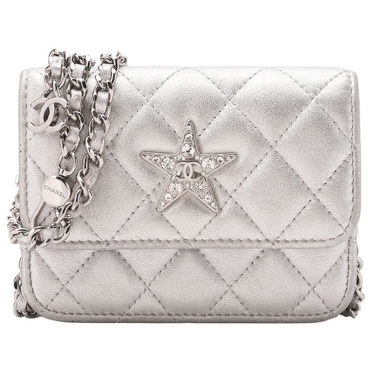 CHANEL Lambskin Minima Lesser Rhinestone Star x Coco Mark Chain Shoulder Pouch Silver-Tone Hardware, Pre-Owned