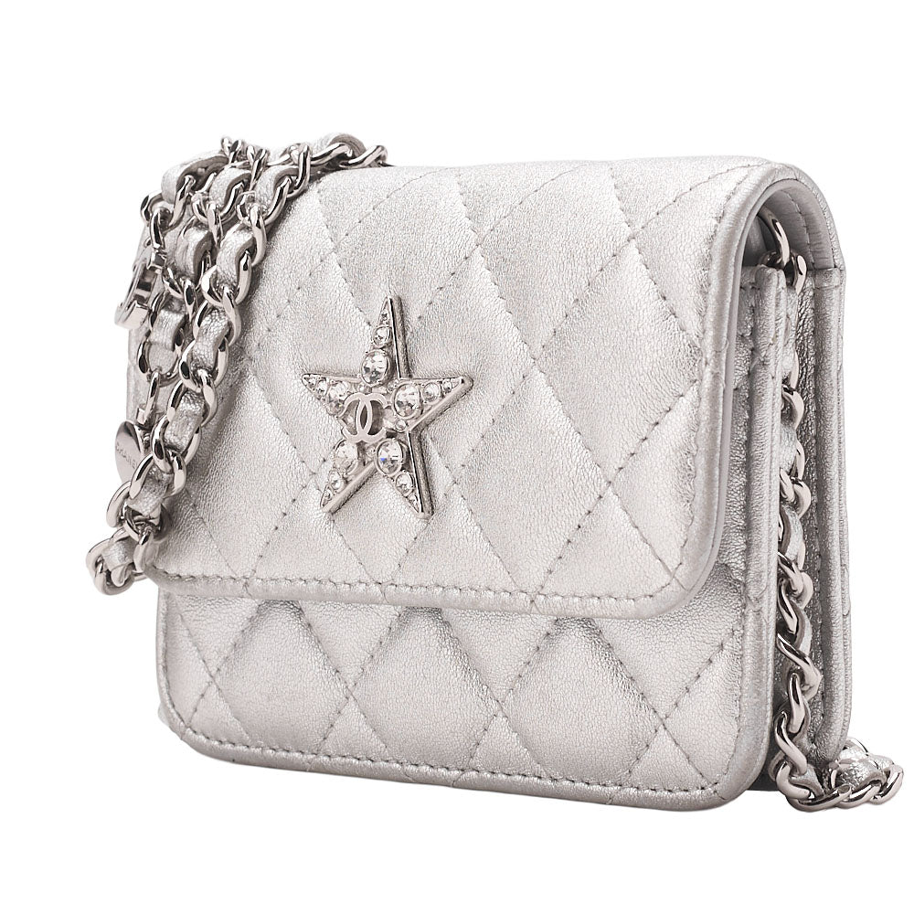 CHANEL Lambskin Minima Lesser Rhinestone Star x Coco Mark Chain Shoulder Pouch Silver-Tone Hardware, Pre-Owned