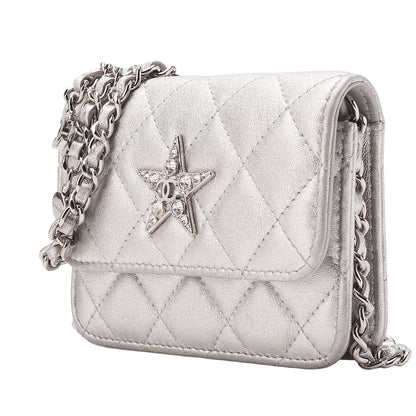 CHANEL Lambskin Minima Lesser Rhinestone Star x Coco Mark Chain Shoulder Pouch Silver-Tone Hardware, Pre-Owned