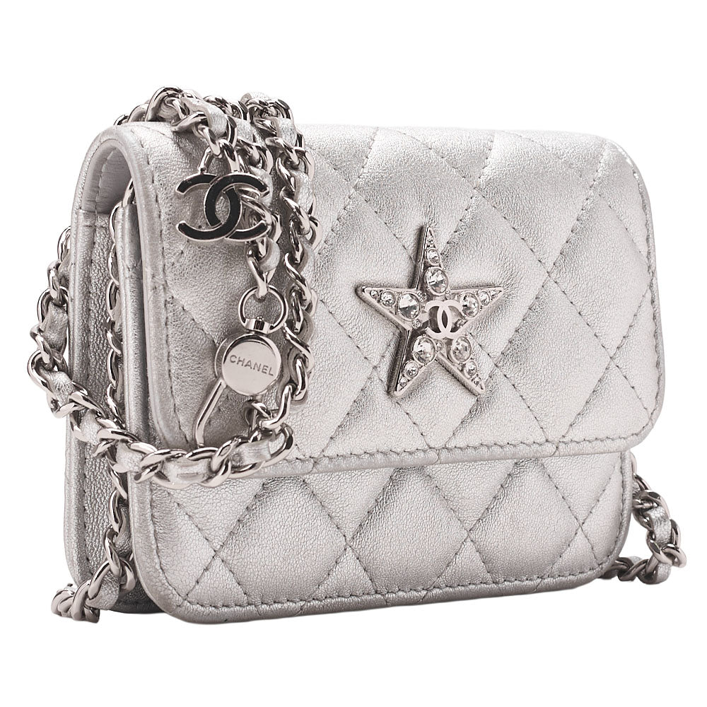 CHANEL Lambskin Minima Lesser Rhinestone Star x Coco Mark Chain Shoulder Pouch Silver-Tone Hardware, Pre-Owned