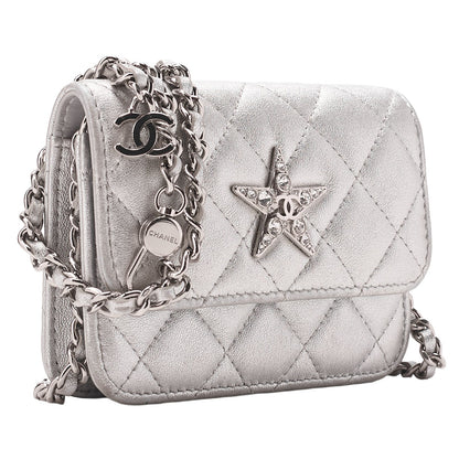 CHANEL Lambskin Minima Lesser Rhinestone Star x Coco Mark Chain Shoulder Pouch Silver-Tone Hardware, Pre-Owned