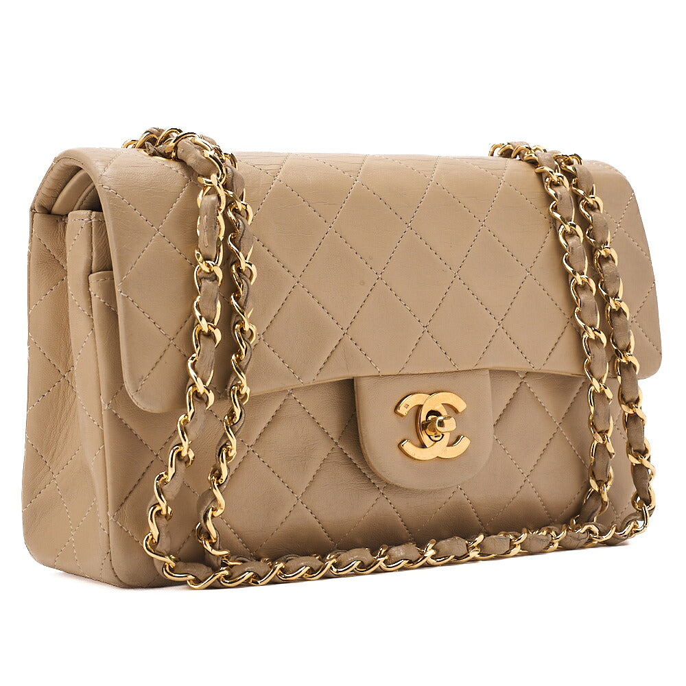 CHANEL Chain Shoulder Bag Matelasse 23cm Double Flap Lambskin Beige Gold-Tone Hardware, Pre-Owned