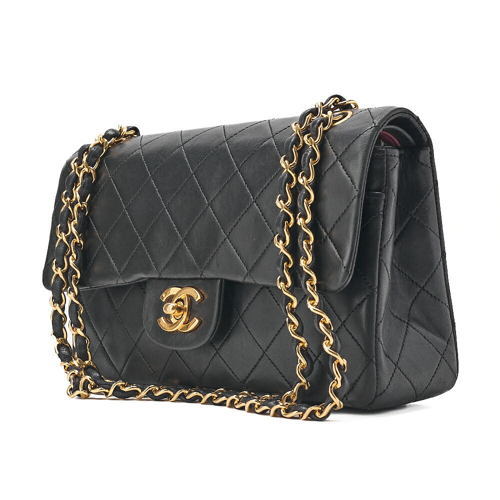 CHANEL Matelasse Double Flap 23cm Chain Shoulder Lambskin Black Gold-Tone Hardware, Pre-Owned