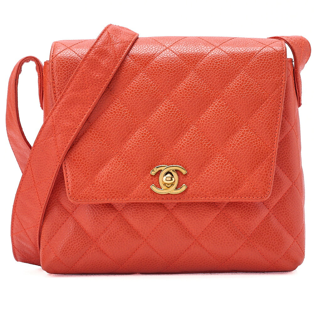 CHANEL Caviar Skin Matelasse Coco Mark Turn Lock Shoulder Bag Orange Pink Gold-Tone Hardware, Pre-Owned