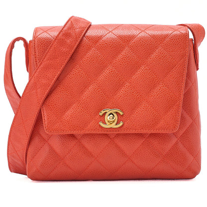 CHANEL Caviar Skin Matelasse Coco Mark Turn Lock Shoulder Bag Orange Pink Gold-Tone Hardware, Pre-Owned