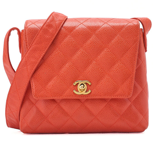 CHANEL Caviar Skin Matelasse Coco Mark Turn Lock Shoulder Bag Orange Pink Gold-Tone Hardware, Pre-Owned