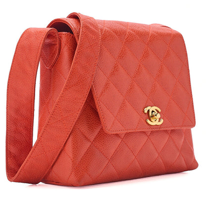 CHANEL Caviar Skin Matelasse Coco Mark Turn Lock Shoulder Bag Orange Pink Gold-Tone Hardware, Pre-Owned