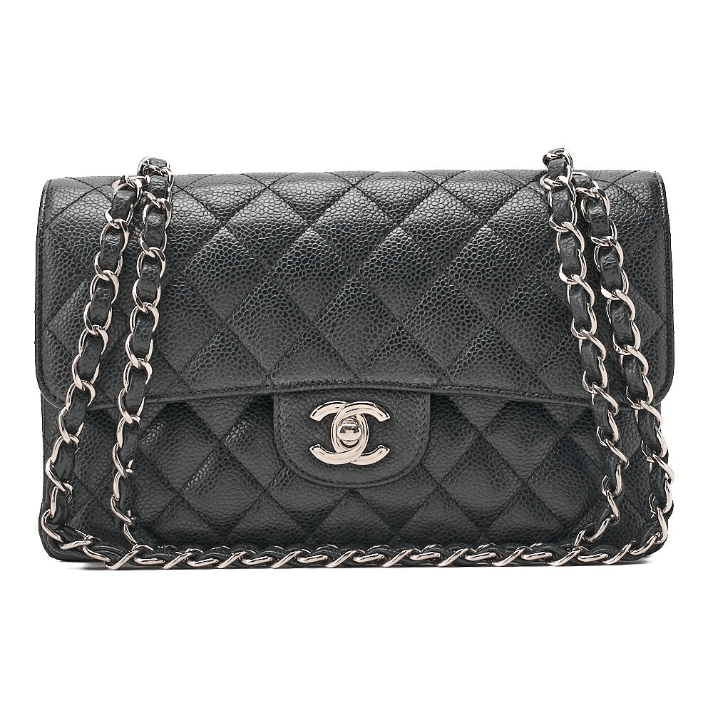 CHANEL Matelasse Double Flap 23cm Chain Shoulder Caviar Skin Black Silver-Tone Hardware, Pre-Owned