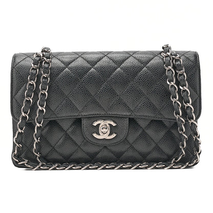 CHANEL Matelasse Double Flap 23cm Chain Shoulder Caviar Skin Black Silver-Tone Hardware, Pre-Owned