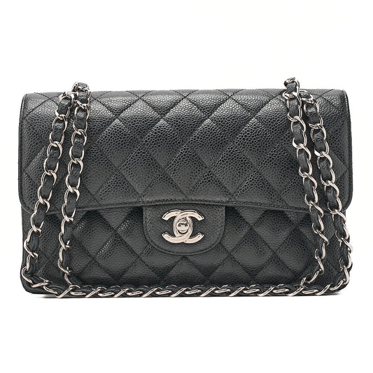 CHANEL Matelasse Double Flap 23cm Chain Shoulder Caviar Skin Black Silver-Tone Hardware, Pre-Owned