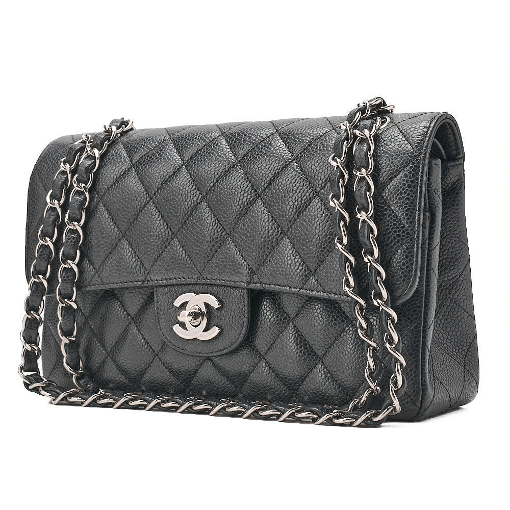 CHANEL Matelasse Double Flap 23cm Chain Shoulder Caviar Skin Black Silver-Tone Hardware, Pre-Owned