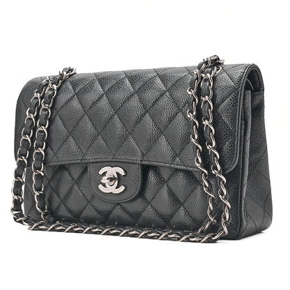 CHANEL Matelasse Double Flap 23cm Chain Shoulder Caviar Skin Black Silver-Tone Hardware, Pre-Owned