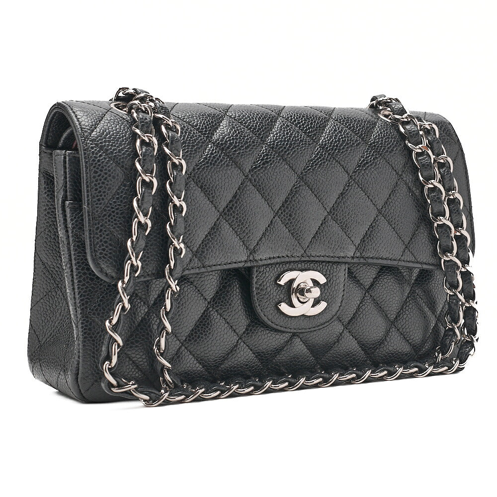 CHANEL Matelasse Double Flap 23cm Chain Shoulder Caviar Skin Black Silver-Tone Hardware, Pre-Owned