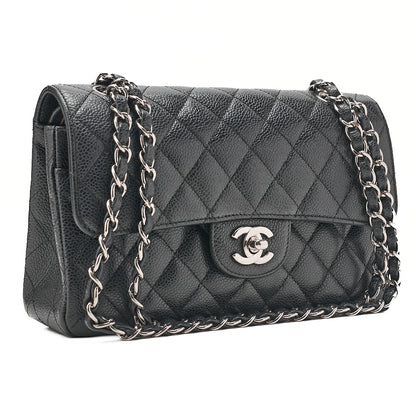 CHANEL Matelasse Double Flap 23cm Chain Shoulder Caviar Skin Black Silver-Tone Hardware, Pre-Owned