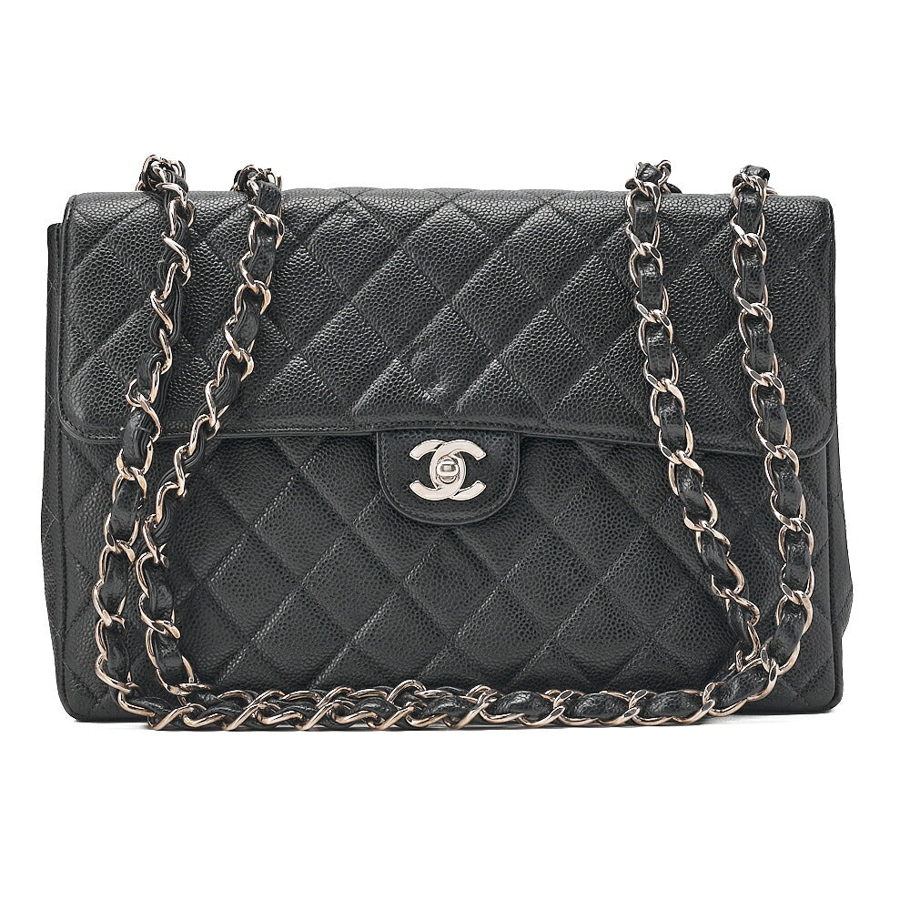 CHANEL Caviar Skin Decamatatorass? 30cm Single Flap Chain Shoulder Bag Black Silver-Tone Hardware, Pre-Owned