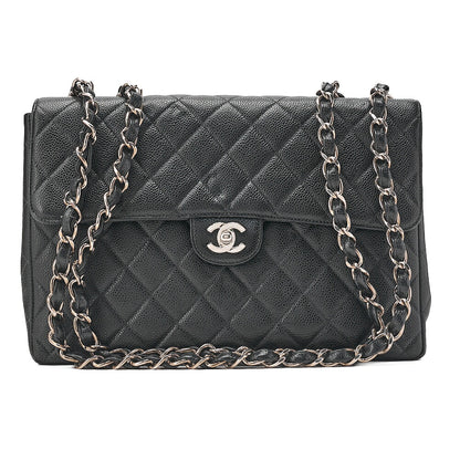 CHANEL Caviar Skin Decamatatorass? 30cm Single Flap Chain Shoulder Bag Black Silver-Tone Hardware, Pre-Owned
