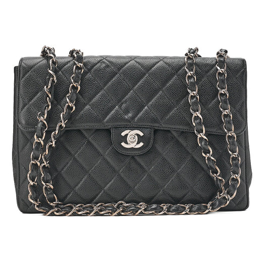 CHANEL Caviar Skin Decamatatorass? 30cm Single Flap Chain Shoulder Bag Black Silver-Tone Hardware, Pre-Owned
