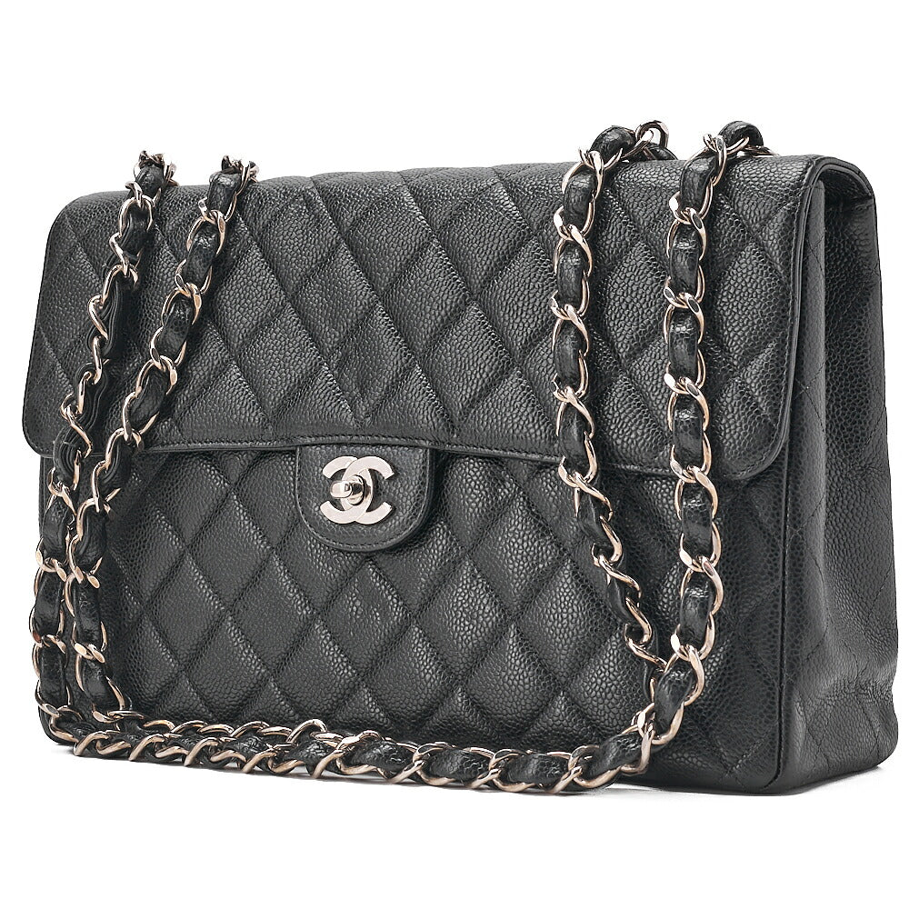 CHANEL Caviar Skin Decamatatorass? 30cm Single Flap Chain Shoulder Bag Black Silver-Tone Hardware, Pre-Owned