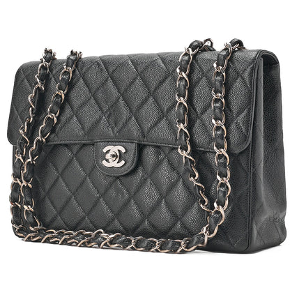 CHANEL Caviar Skin Decamatatorass? 30cm Single Flap Chain Shoulder Bag Black Silver-Tone Hardware, Pre-Owned