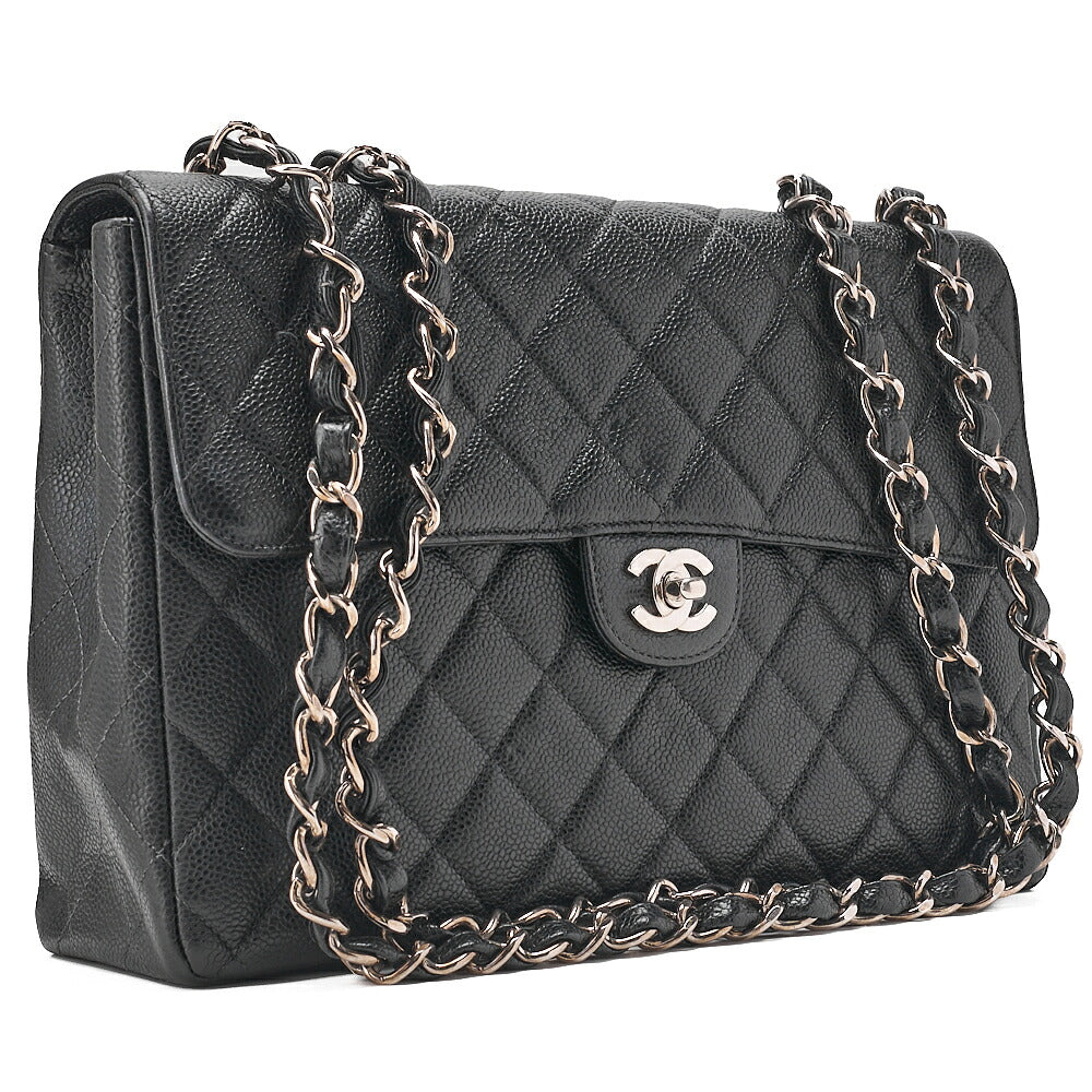 CHANEL Caviar Skin Decamatatorass? 30cm Single Flap Chain Shoulder Bag Black Silver-Tone Hardware, Pre-Owned