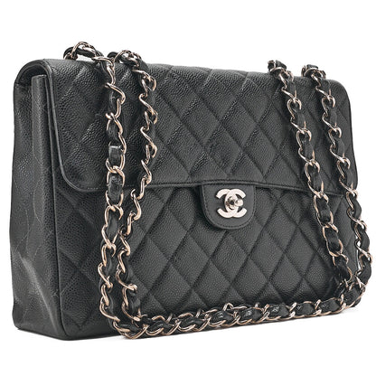 CHANEL Caviar Skin Decamatatorass? 30cm Single Flap Chain Shoulder Bag Black Silver-Tone Hardware, Pre-Owned