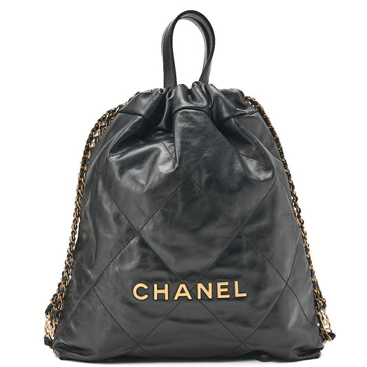 CHANEL Chanel Chanel 22 Calfskin Black Drawstring Type 2-way Chain Backpack Gold-Tone Hardware, Pre-Owned