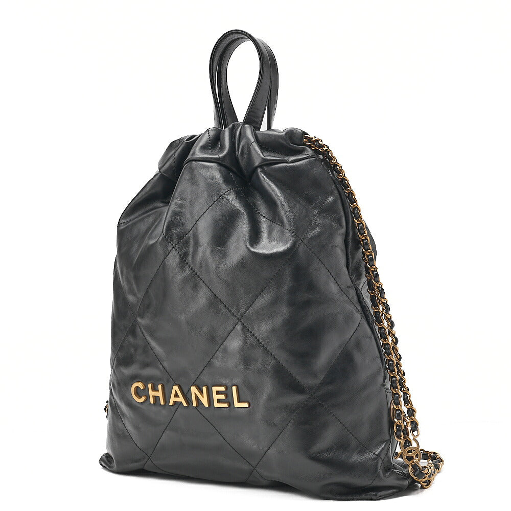 CHANEL Chanel Chanel 22 Calfskin Black Drawstring Type 2-way Chain Backpack Gold-Tone Hardware, Pre-Owned