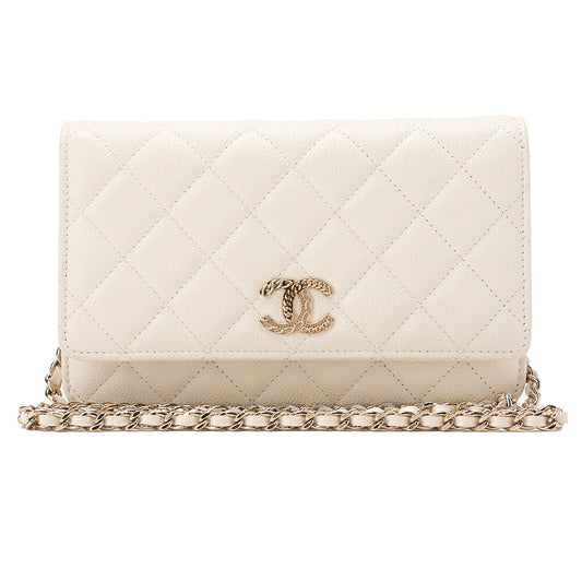 CHANEL Chanel Matelasse Chain Wallet Caviar Skin White Gold-Tone Hardware, Pre-Owned