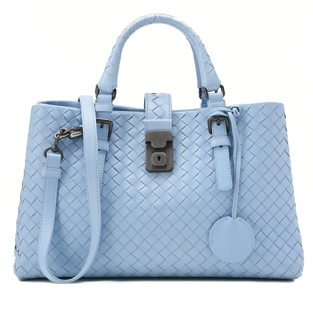 BOTTEGA VENETA Bottega Lambskin Intrecciato 2WAY Handbag Light Blue Black-Tone Hardware, Pre-Owned