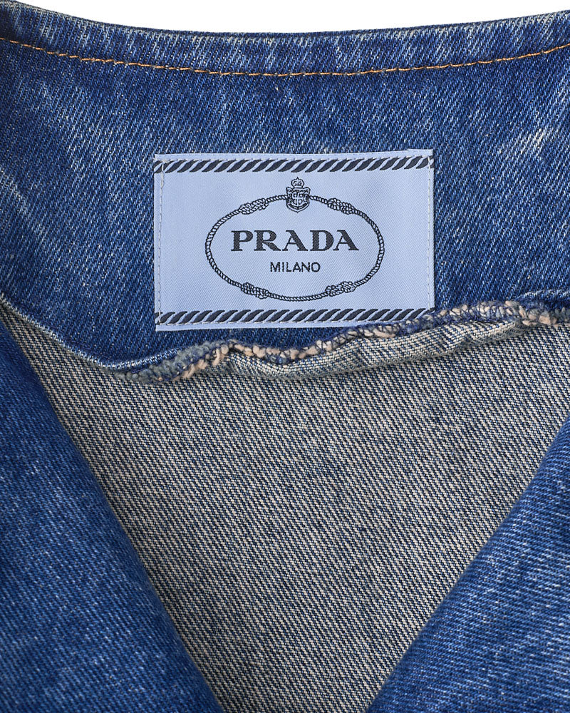 [Returns Allowed] PRADA Prada Triangle Logo Denim Jacket Long Sleeve Tops Size 36 Distressed Blue Silver-Tone Hardware, Pre-Owned
