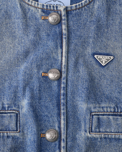 [Returns Allowed] PRADA Prada Triangle Logo Denim Jacket Long Sleeve Tops Size 36 Distressed Blue Silver-Tone Hardware, Pre-Owned