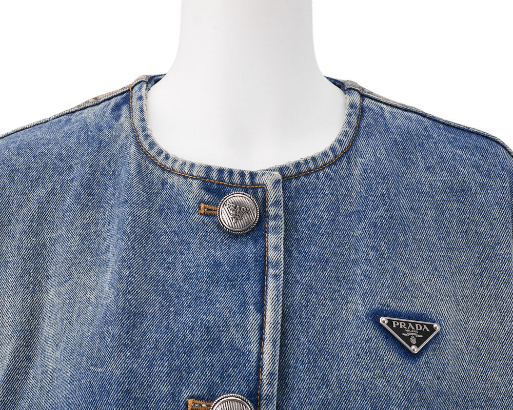 [Returns Allowed] PRADA Prada Triangle Logo Denim Jacket Long Sleeve Tops Size 36 Distressed Blue Silver-Tone Hardware, Pre-Owned