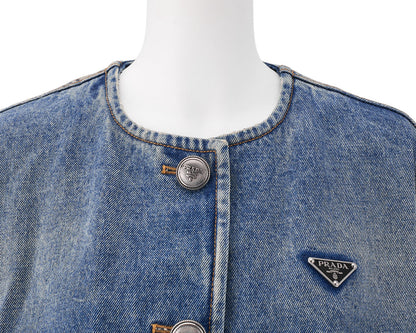 [Returns Allowed] PRADA Prada Triangle Logo Denim Jacket Long Sleeve Tops Size 36 Distressed Blue Silver-Tone Hardware, Pre-Owned