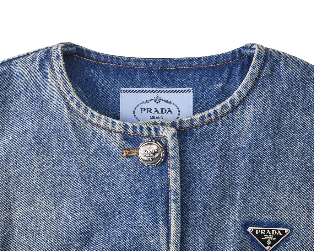 [Returns Allowed] PRADA Prada Triangle Logo Denim Jacket Long Sleeve Tops Size 36 Distressed Blue Silver-Tone Hardware, Pre-Owned