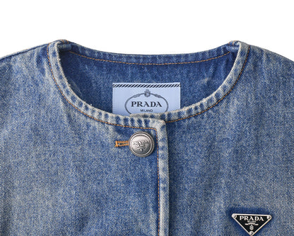 [Returns Allowed] PRADA Prada Triangle Logo Denim Jacket Long Sleeve Tops Size 36 Distressed Blue Silver-Tone Hardware, Pre-Owned