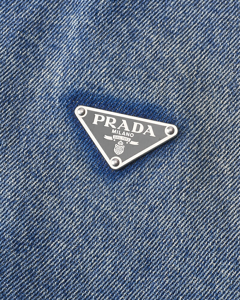[Returns Allowed] PRADA Prada Triangle Logo Denim Jacket Long Sleeve Tops Size 36 Distressed Blue Silver-Tone Hardware, Pre-Owned