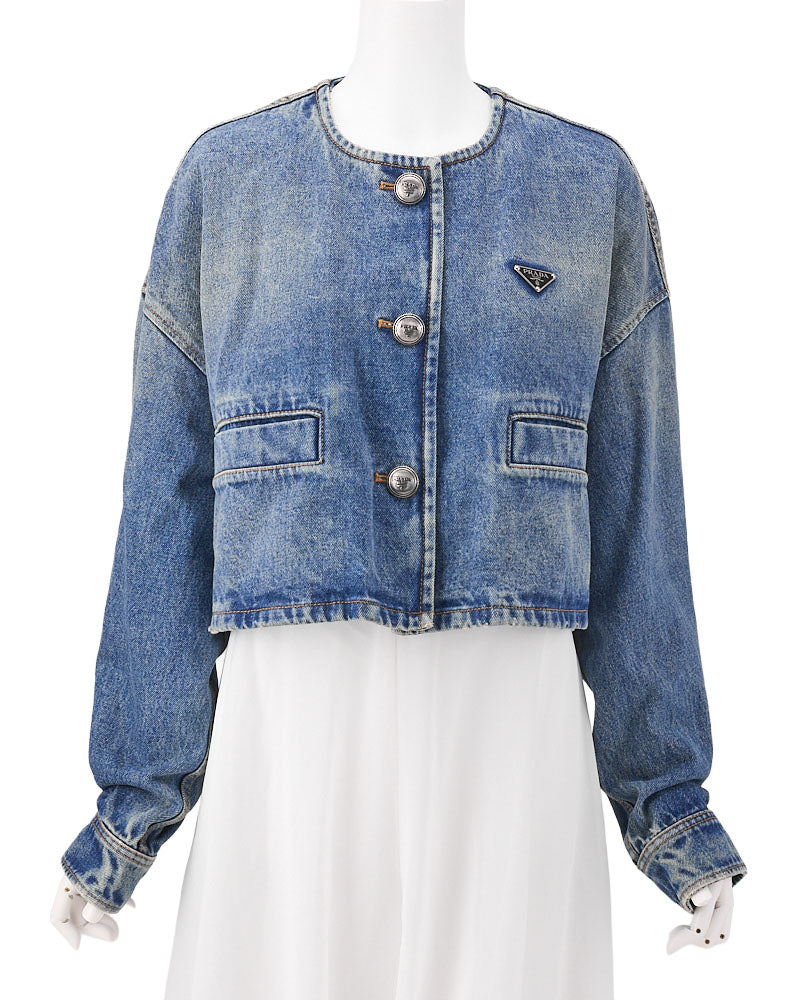 [Returns Allowed] PRADA Prada Triangle Logo Denim Jacket Long Sleeve Tops Size 36 Distressed Blue Silver-Tone Hardware, Pre-Owned